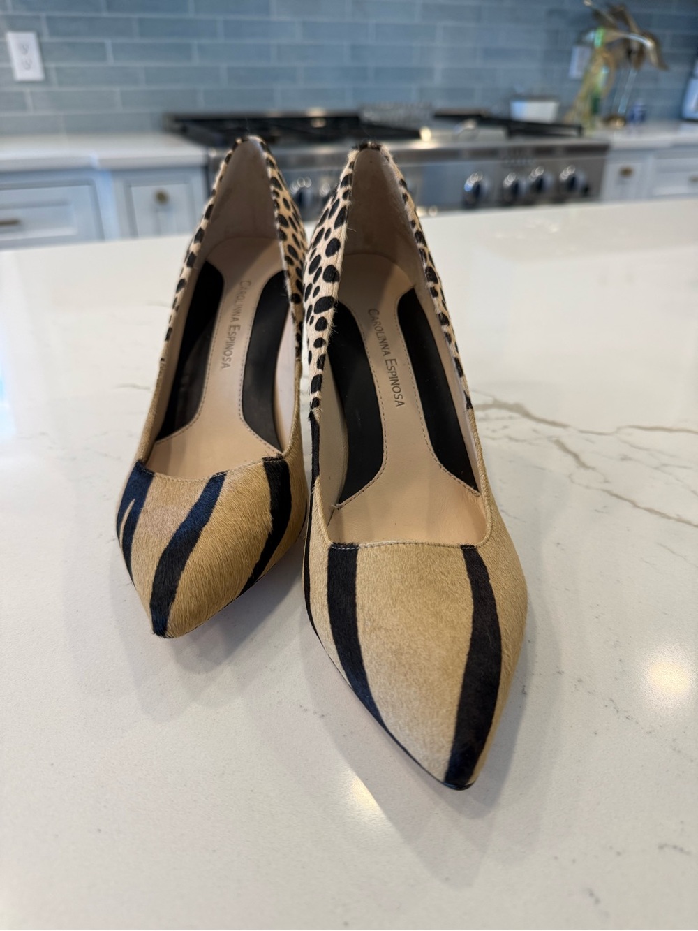 Carolinna Espinoso Embossed Zebra-Print Pointed Pumps in Tan and Black